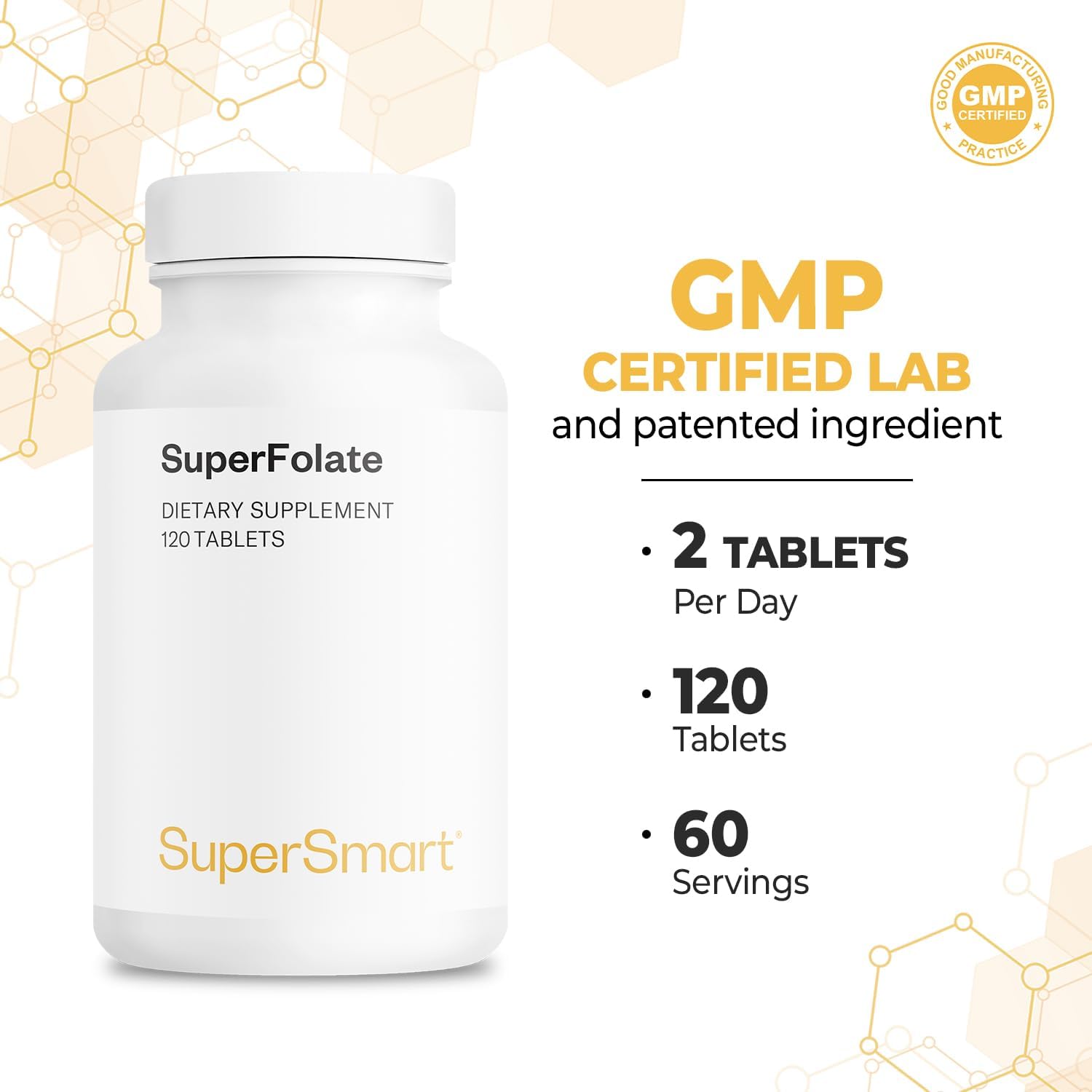 SuperFolate 400mcg - Bioavailable Quatrefolic 5-MTHF Supplement - Active Folate B9 - Non-GMO & Gluten Free - 120 Tablets