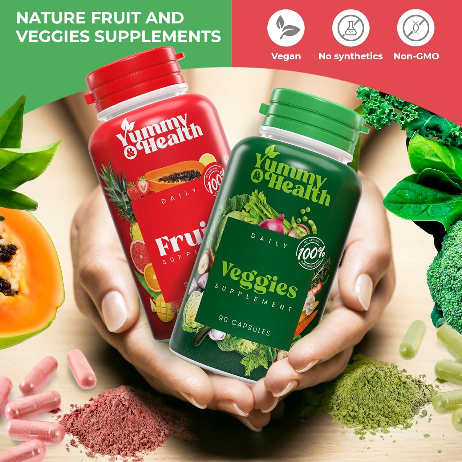 Superfood Fruit and Veggie Capsules - 90 of Each - Energy Boosting Health Supplement with Essential Vitamins and Minerals