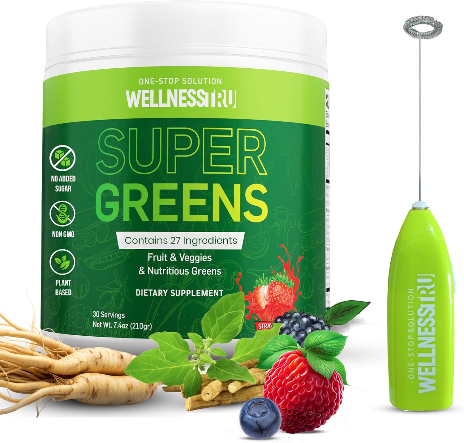 Superfood Greens Powder for Digestive Support - Spirulina, Chlorella, Prebiotics, 27 Fruits & Veggies, Ashwagandha - Strawberry Flavor, 30 Servings + Free Mixer