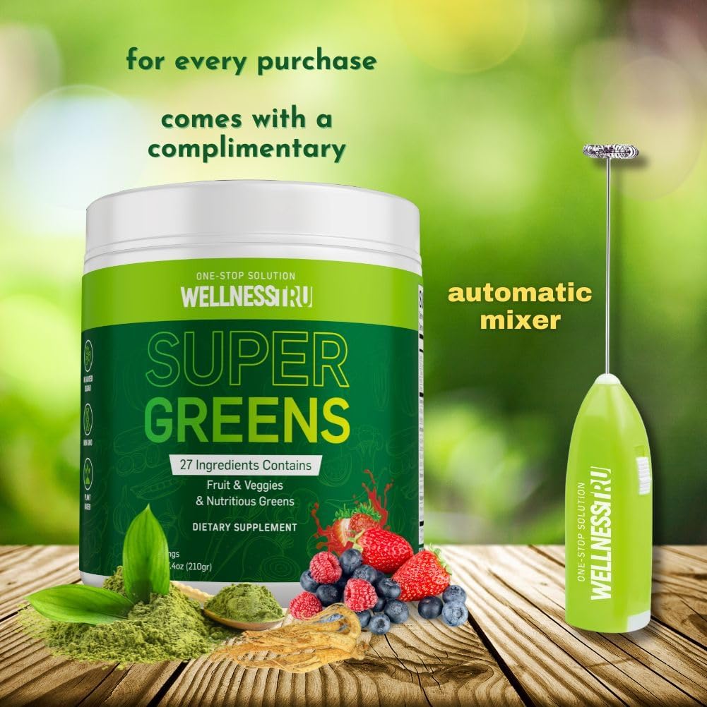 Superfood Greens Powder for Digestive Support - Spirulina, Chlorella, Prebiotics, 27 Fruits & Veggies, Ashwagandha - Strawberry Flavor, 30 Servings + Free Mixer
