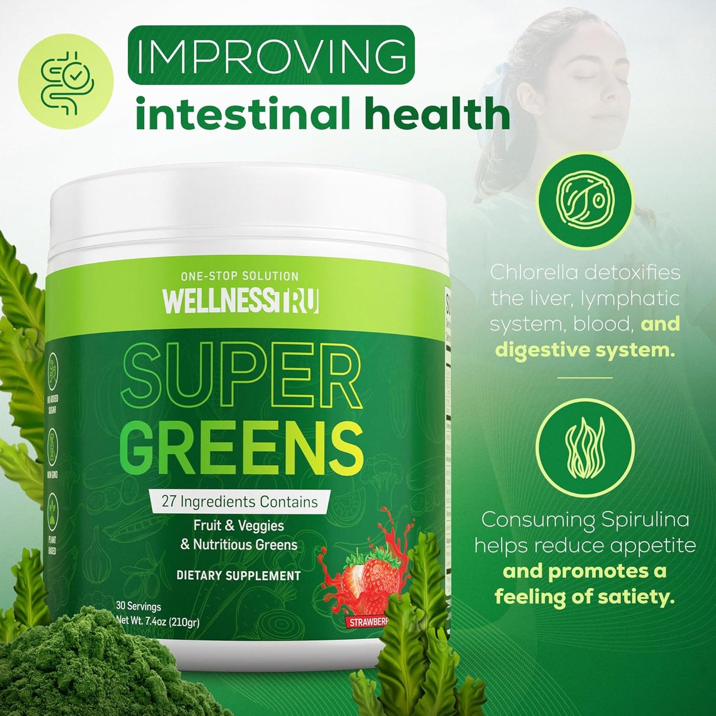 Superfood Greens Powder for Digestive Support - Spirulina, Chlorella, Prebiotics, 27 Fruits & Veggies, Ashwagandha - Strawberry Flavor, 30 Servings + Free Mixer