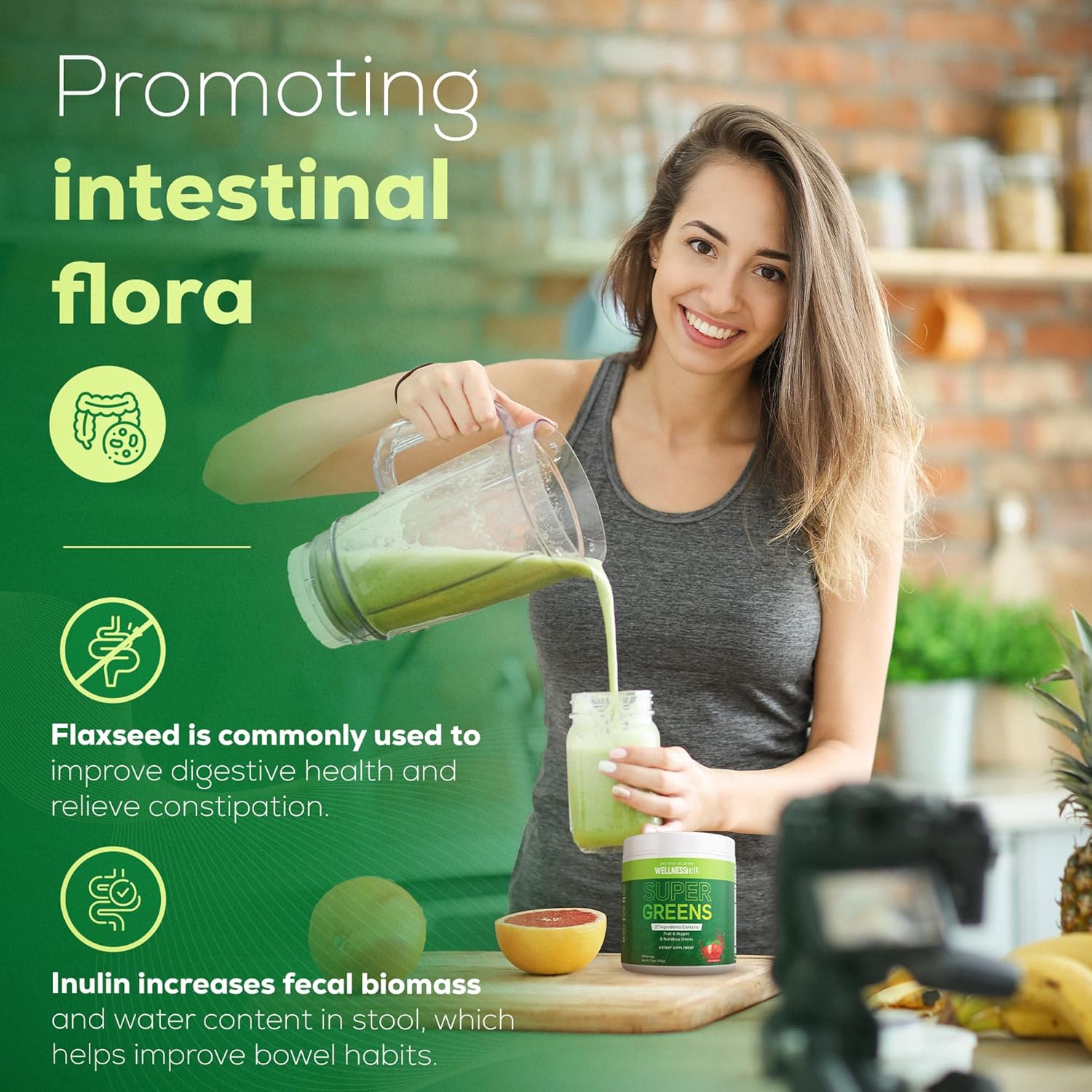 Superfood Greens Powder for Digestive Support - Spirulina, Chlorella, Prebiotics, 27 Fruits & Veggies, Ashwagandha - Strawberry Flavor, 30 Servings + Free Mixer