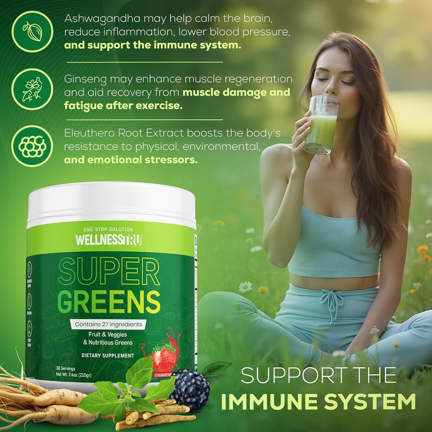 Superfood Greens Powder for Digestive Support - Spirulina, Chlorella, Prebiotics, 27 Fruits & Veggies, Ashwagandha - Strawberry Flavor, 30 Servings + Free Mixer
