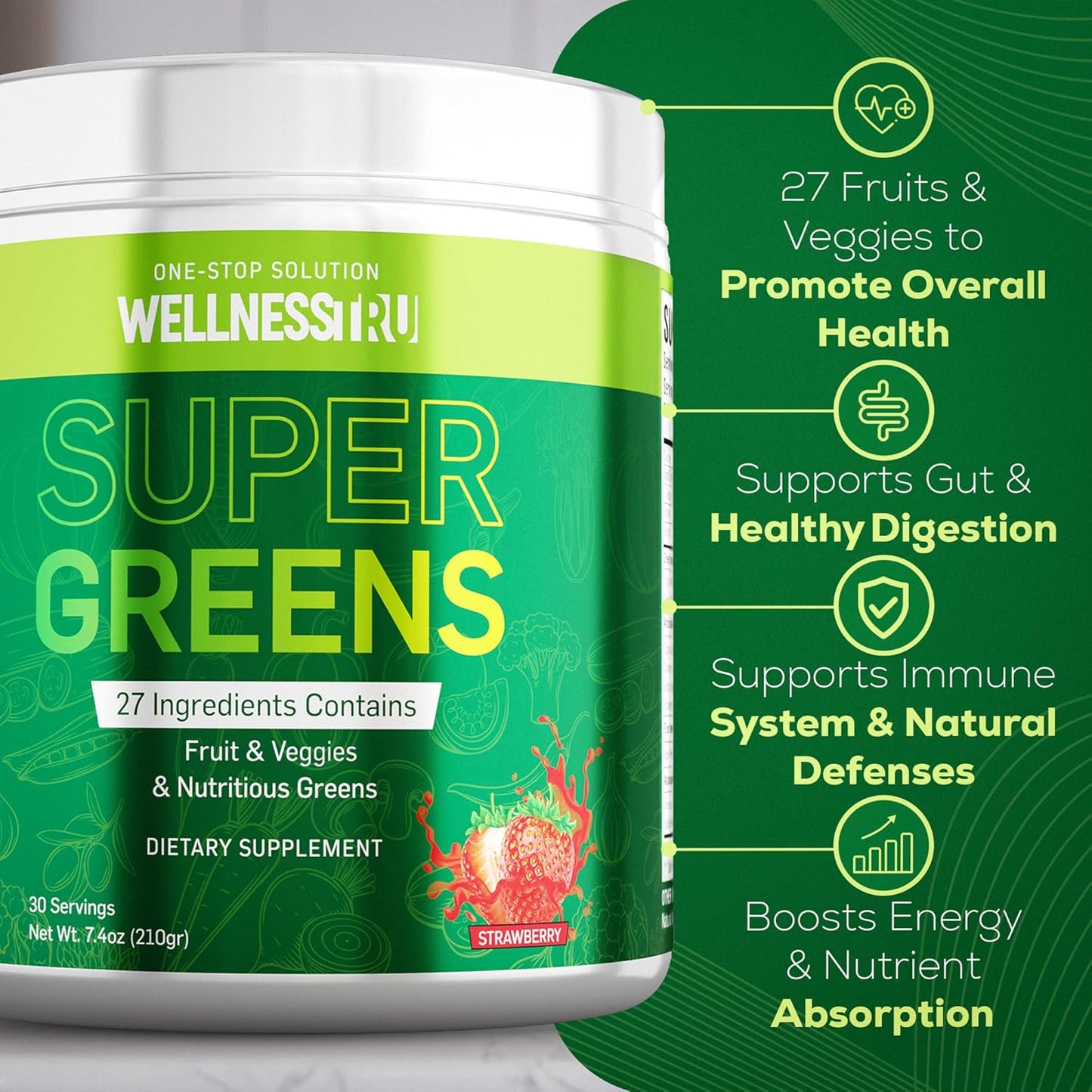 Superfood Greens Powder for Digestive Support - Spirulina, Chlorella, Prebiotics, 27 Fruits & Veggies, Ashwagandha - Strawberry Flavor, 30 Servings + Free Mixer