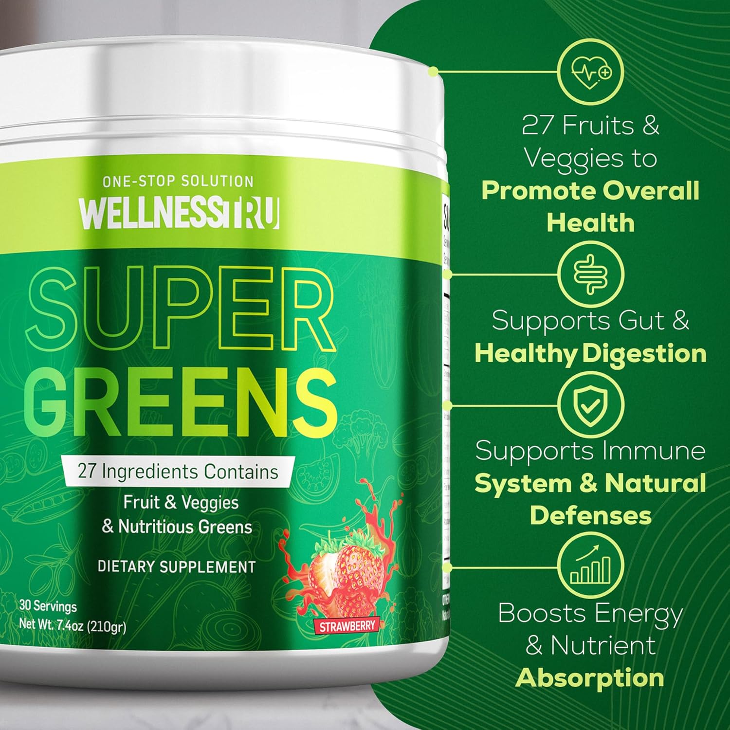 Superfood Greens Powder for Digestive Support - Spirulina, Chlorella, Prebiotics, 27 Fruits & Veggies, Ashwagandha - Strawberry Flavor, 30 Servings + Free Mixer