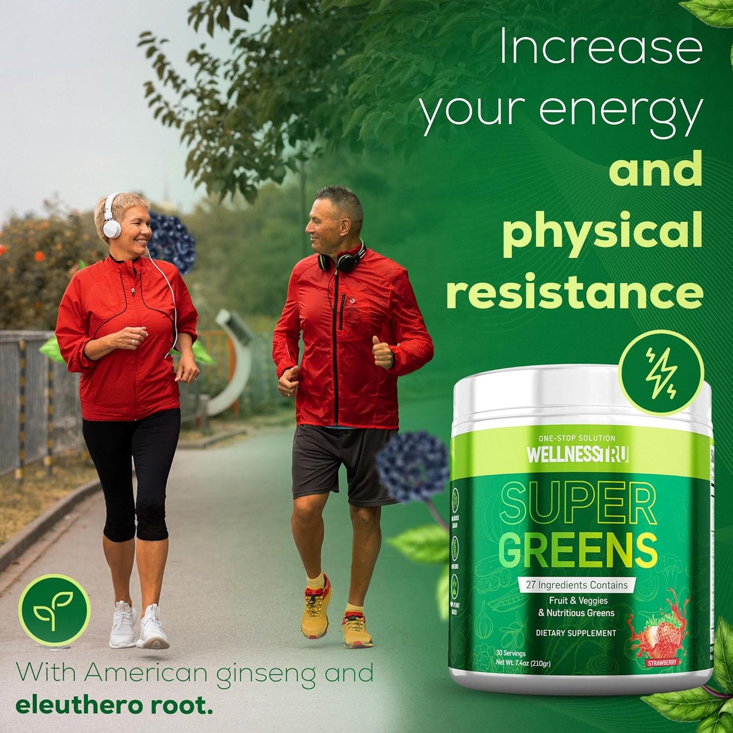 Superfood Greens Powder for Digestive Support - Spirulina, Chlorella, Prebiotics, 27 Fruits & Veggies, Ashwagandha - Strawberry Flavor, 30 Servings + Free Mixer