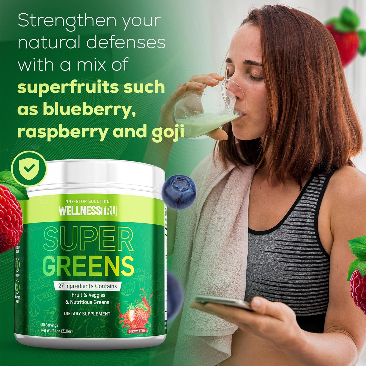 Superfood Greens Powder for Digestive Support - Spirulina, Chlorella, Prebiotics, 27 Fruits & Veggies, Ashwagandha - Strawberry Flavor, 30 Servings + Free Mixer