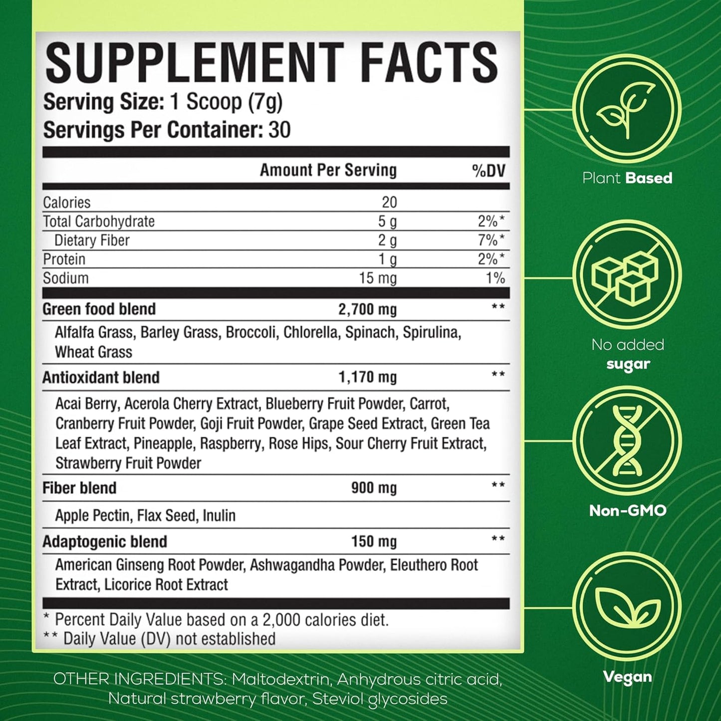 Superfood Greens Powder for Digestive Support - Spirulina, Chlorella, Prebiotics, 27 Fruits & Veggies, Ashwagandha - Strawberry Flavor, 30 Servings + Free Mixer
