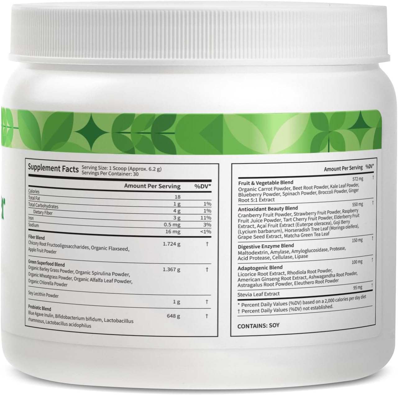 Superfood Greens Powder with Antioxidants, Enzymes, Probiotics, & Adaptogens for Gut Health, Digestion, & Immunity - 30 Servings - 6.6 oz
