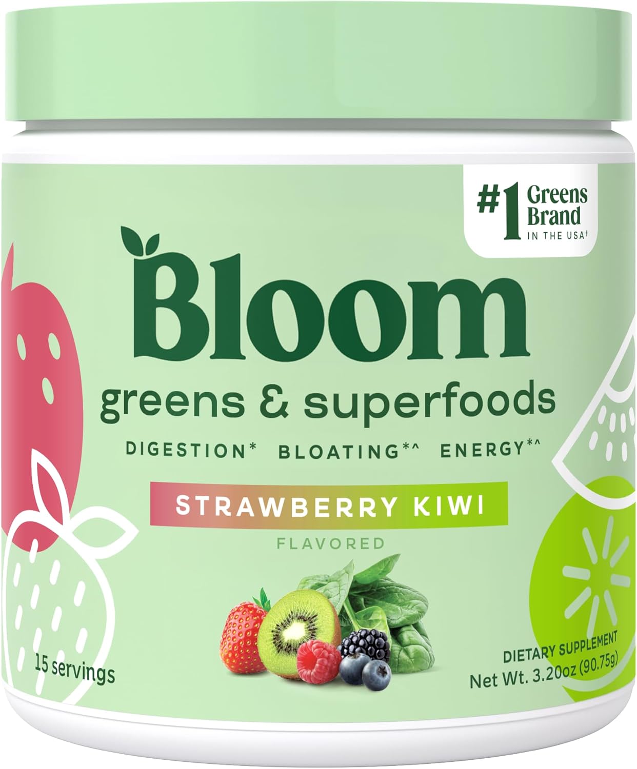 Superfood Greens Powder with Digestive Enzymes, Probiotics, and Prebiotics - Gut Health and Bloating Relief for Women - Chlorella Blend - 15 Servings - Strawberry Kiwi Flavor