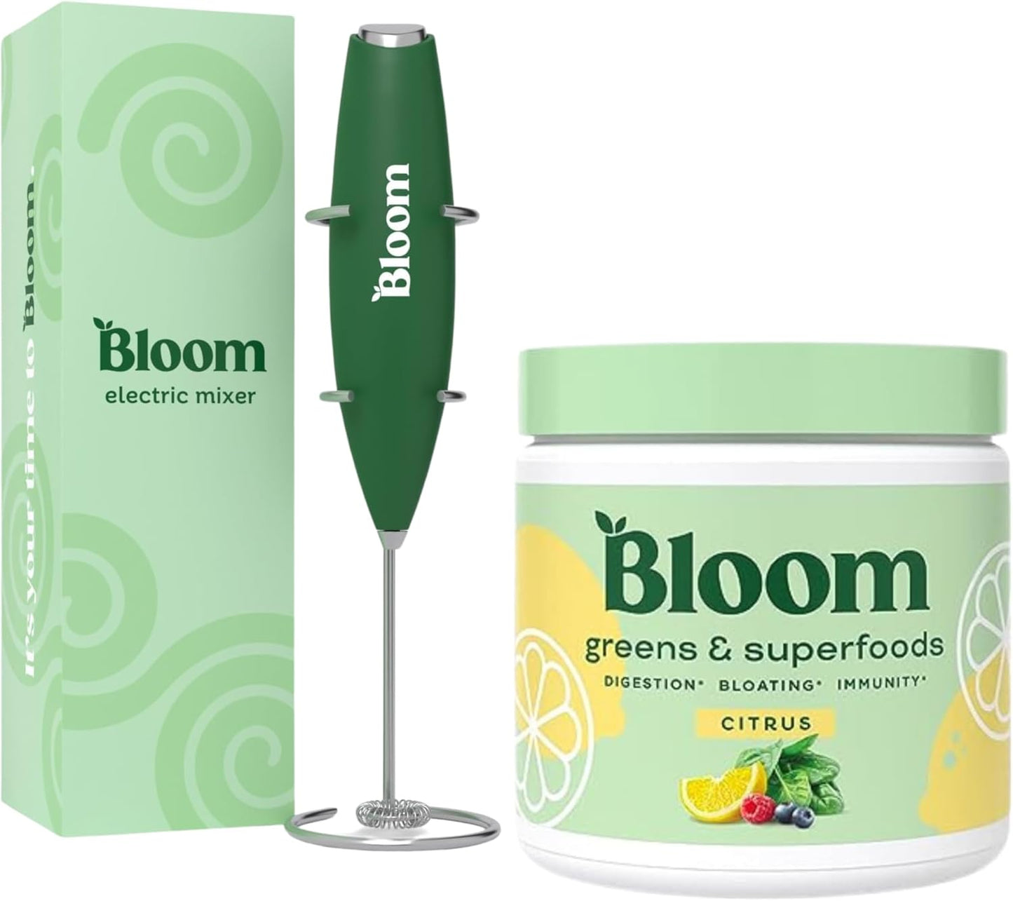 Superfood Greens Powder with Digestive Enzymes, Probiotics, and Prebiotics for Gut Health and Bloating Relief - Citrus Flavor + Milk Frother