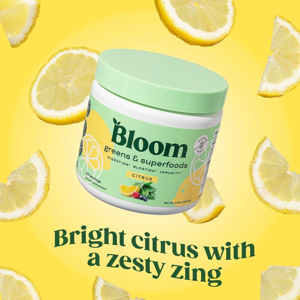 Superfood Greens Powder with Digestive Enzymes, Probiotics, and Prebiotics for Gut Health and Bloating Relief - Citrus Flavor + Milk Frother