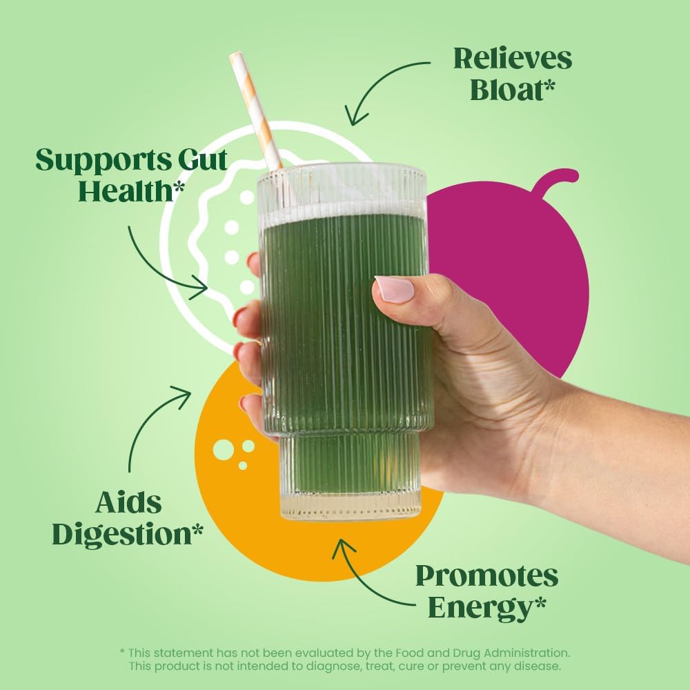 Superfood Greens Powder with Digestive Enzymes, Probiotics, and Prebiotics for Gut Health and Bloating Relief, Orange Passionfruit Flavor + High-Powered Milk Frother