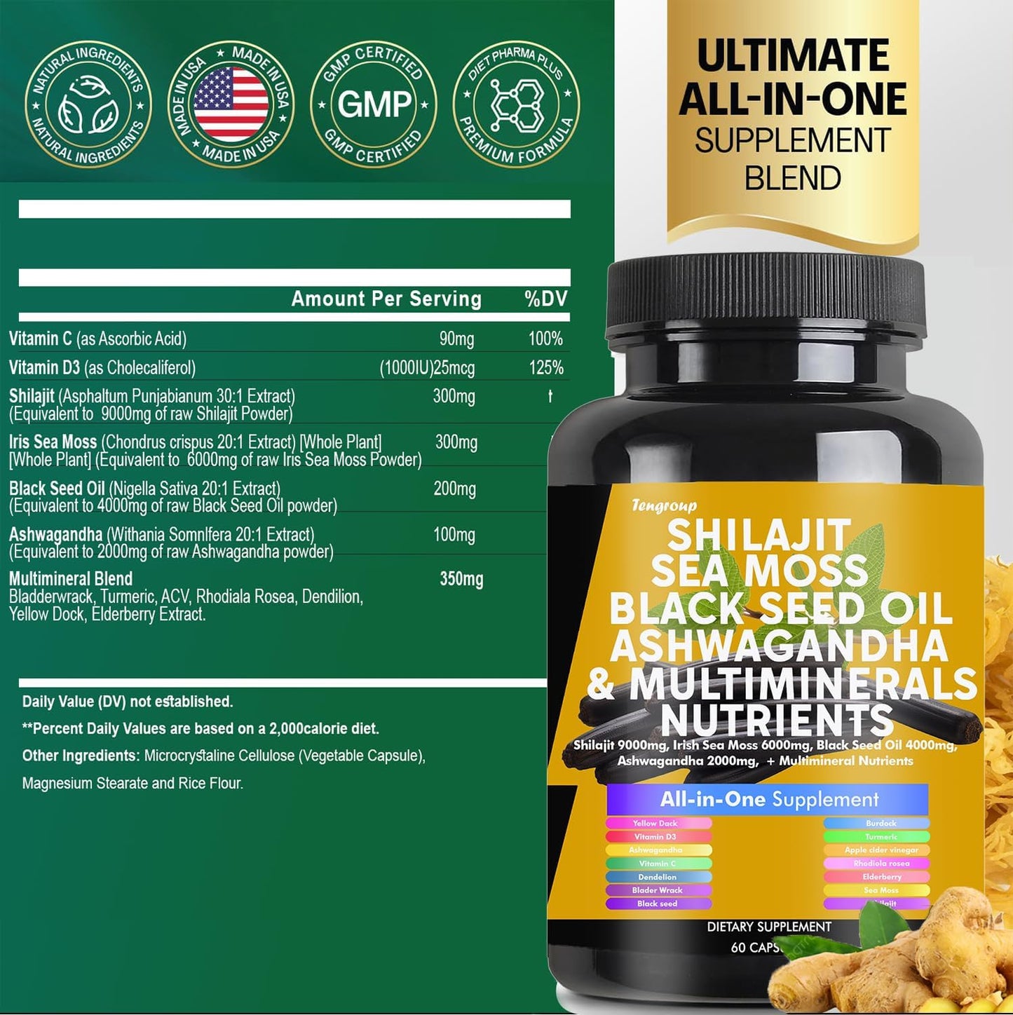 Superfood Immune Boosting Supplement with Shilajit, Sea Moss, Black Seed Oil, Ashwagandha, Burdock, Vitamin C & D3, Elderberry, Rhodiola Rosea, Dandelion, Yellow Dock, Turmeric, and ACV