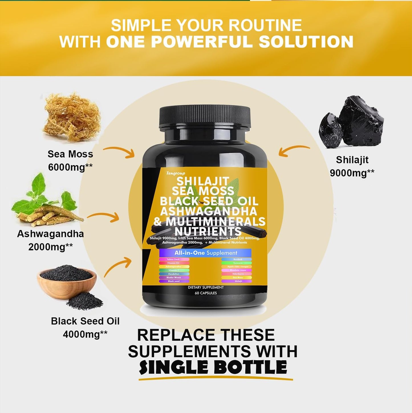 Superfood Immune Boosting Supplement with Shilajit, Sea Moss, Black Seed Oil, Ashwagandha, Burdock, Vitamin C & D3, Elderberry, Rhodiola Rosea, Dandelion, Yellow Dock, Turmeric, and ACV