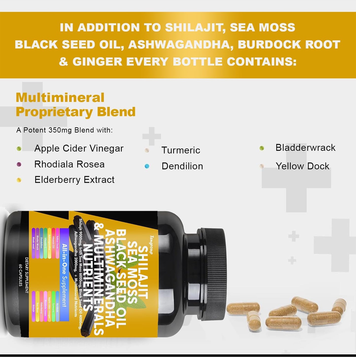 Superfood Immune Boosting Supplement with Shilajit, Sea Moss, Black Seed Oil, Ashwagandha, Burdock, Vitamin C & D3, Elderberry, Rhodiola Rosea, Dandelion, Yellow Dock, Turmeric, and ACV