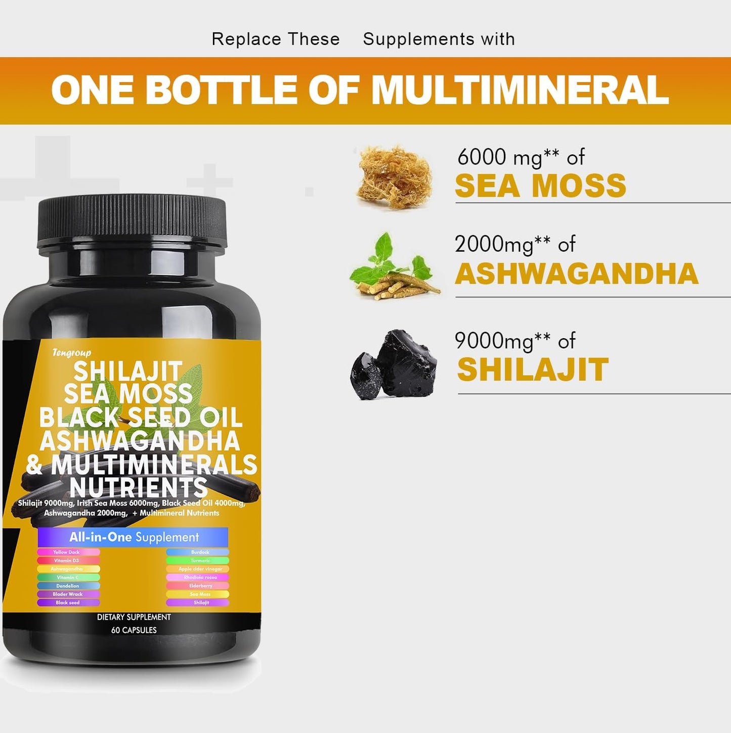 Superfood Immune Boosting Supplement with Shilajit, Sea Moss, Black Seed Oil, Ashwagandha, Burdock, Vitamin C & D3, Elderberry, Rhodiola Rosea, Dandelion, Yellow Dock, Turmeric, and ACV