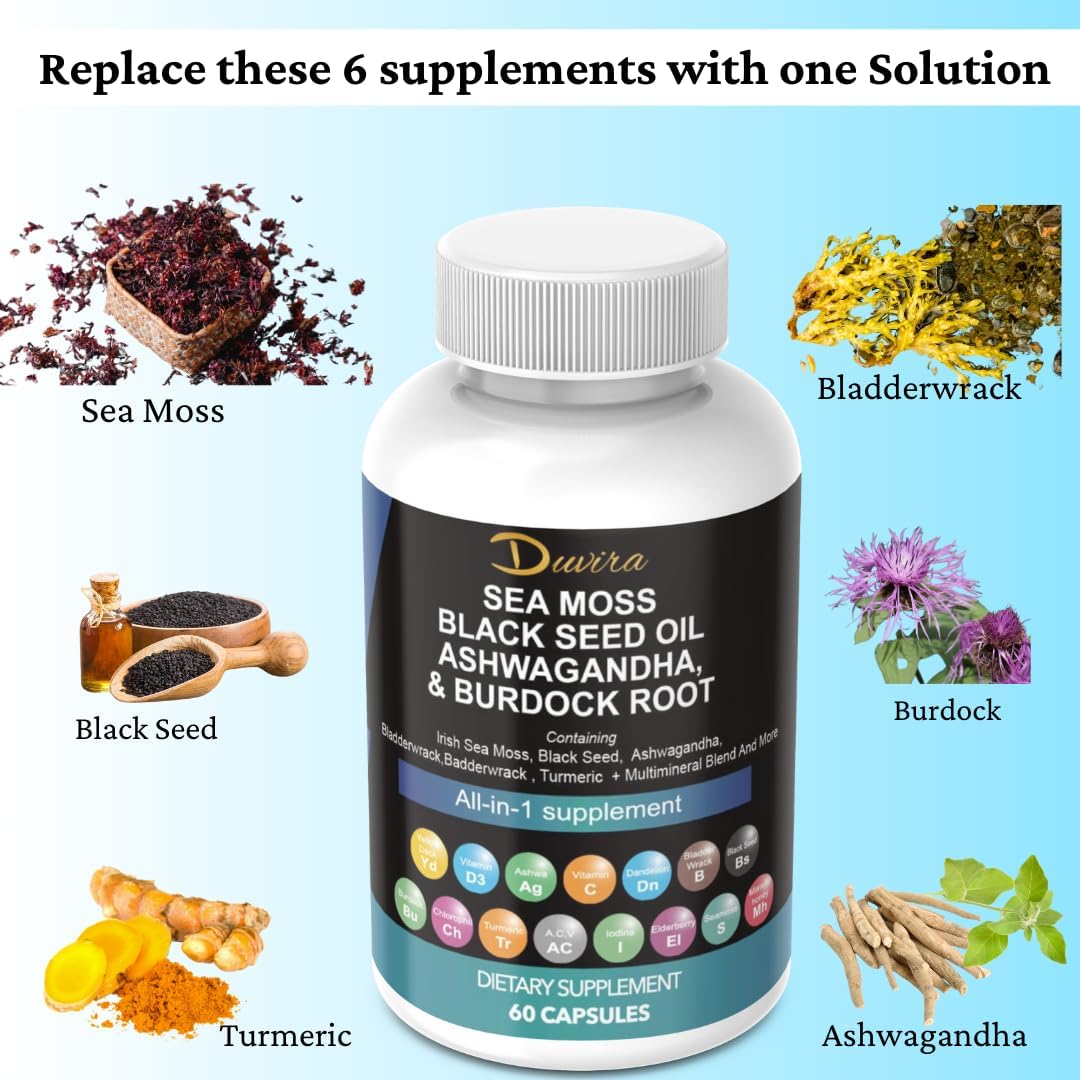 Superfood Immune Support Supplement with Sea Moss, Black Seed Oil, Ashwagandha, Turmeric, Bladderwrack, Burdock, Vitamin C & D3, Elderberry, Manuka, Dandelion, Yellow Dock, Iodine, Chlorophyll, ACV