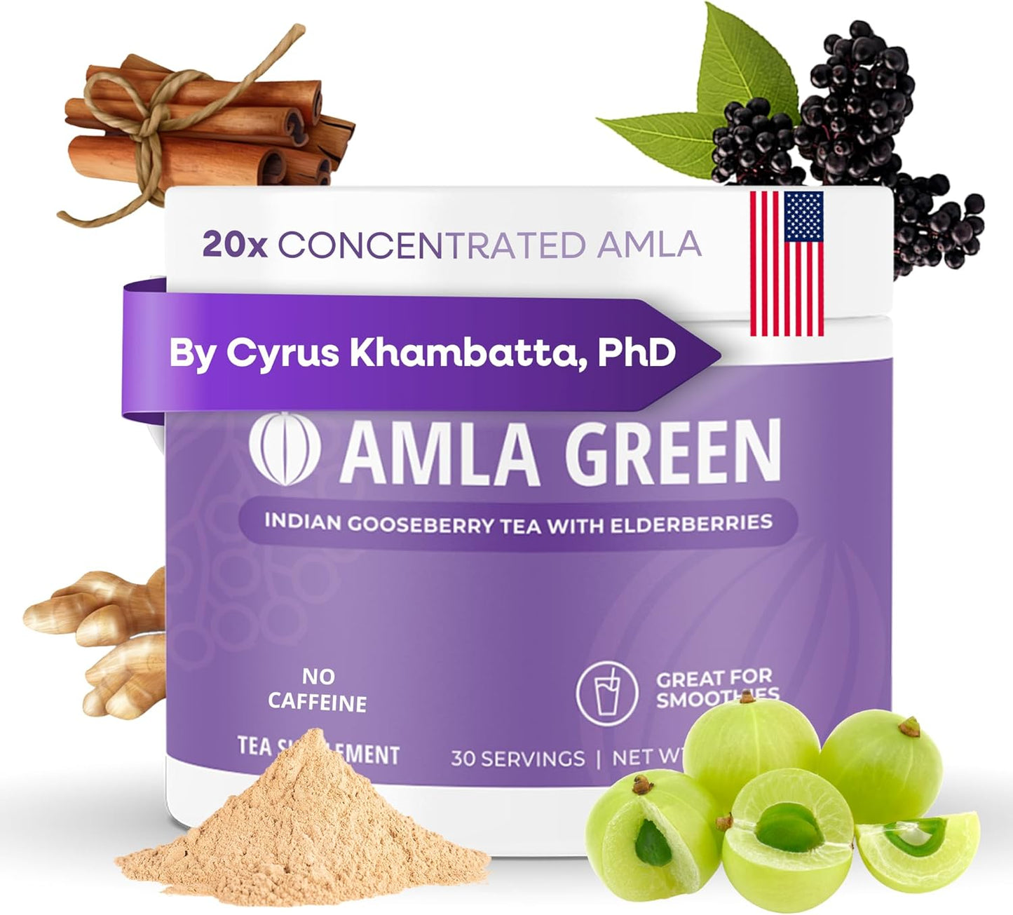 Superfood Supplement: Amla Green Amla Powder & Elderberry Immunity Blend - 20x Concentrated Amla - Immune Support with Ginger, Cinnamon, Peppermint - 30 Servings