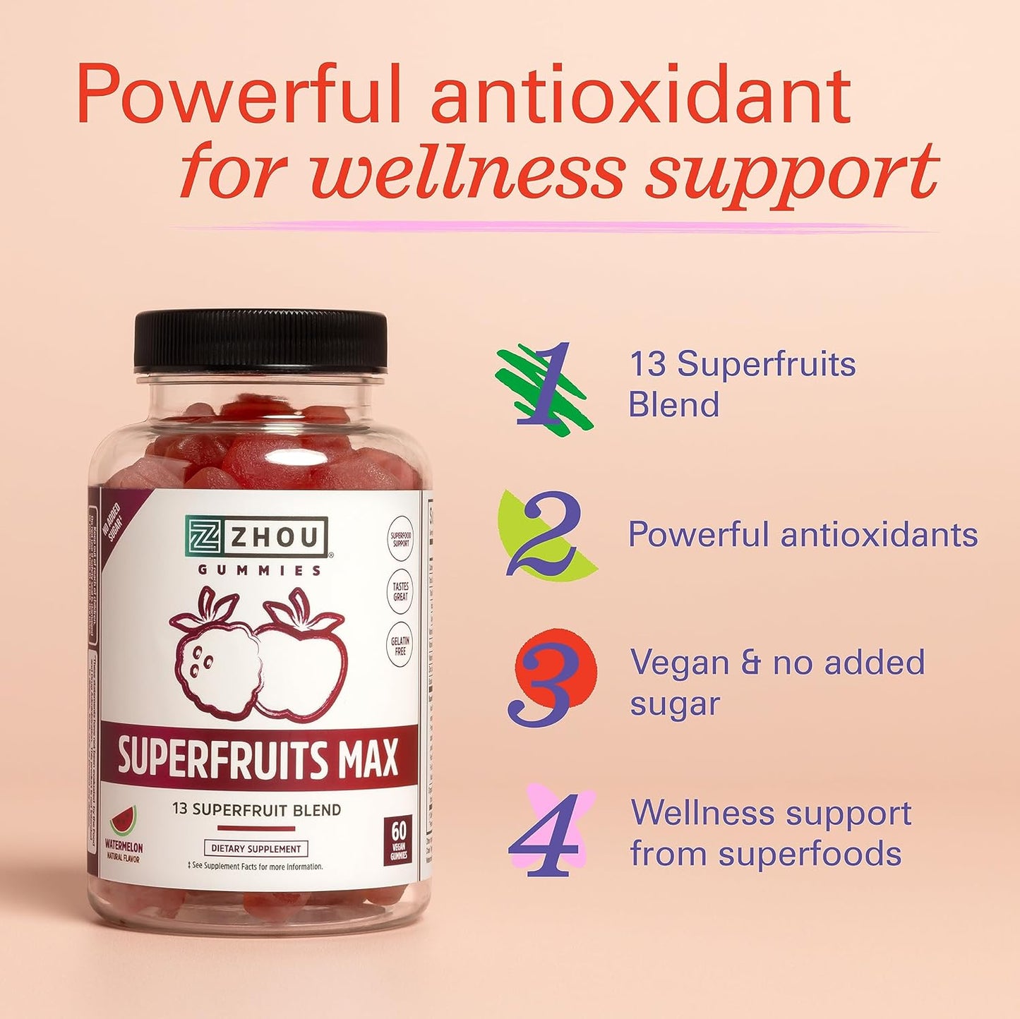 Superfruit Multivitamin Gummies with 13 Natural Superfruits - Rich in Vitamins A, C, E, Zinc - Immunity, Digestion, Energy - 60 Vegan Gummies