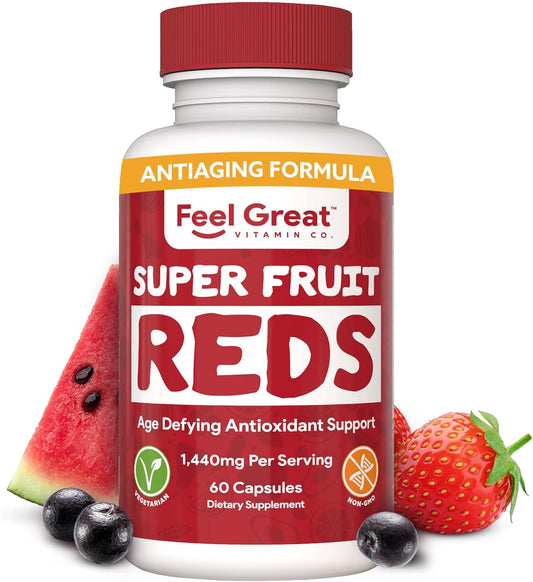 Superfruit Reds Antioxidant Superfood Capsules for Anti-Aging & Immune Support with Acai, Mangosteen, Pomegranate, Blueberry - 60ct