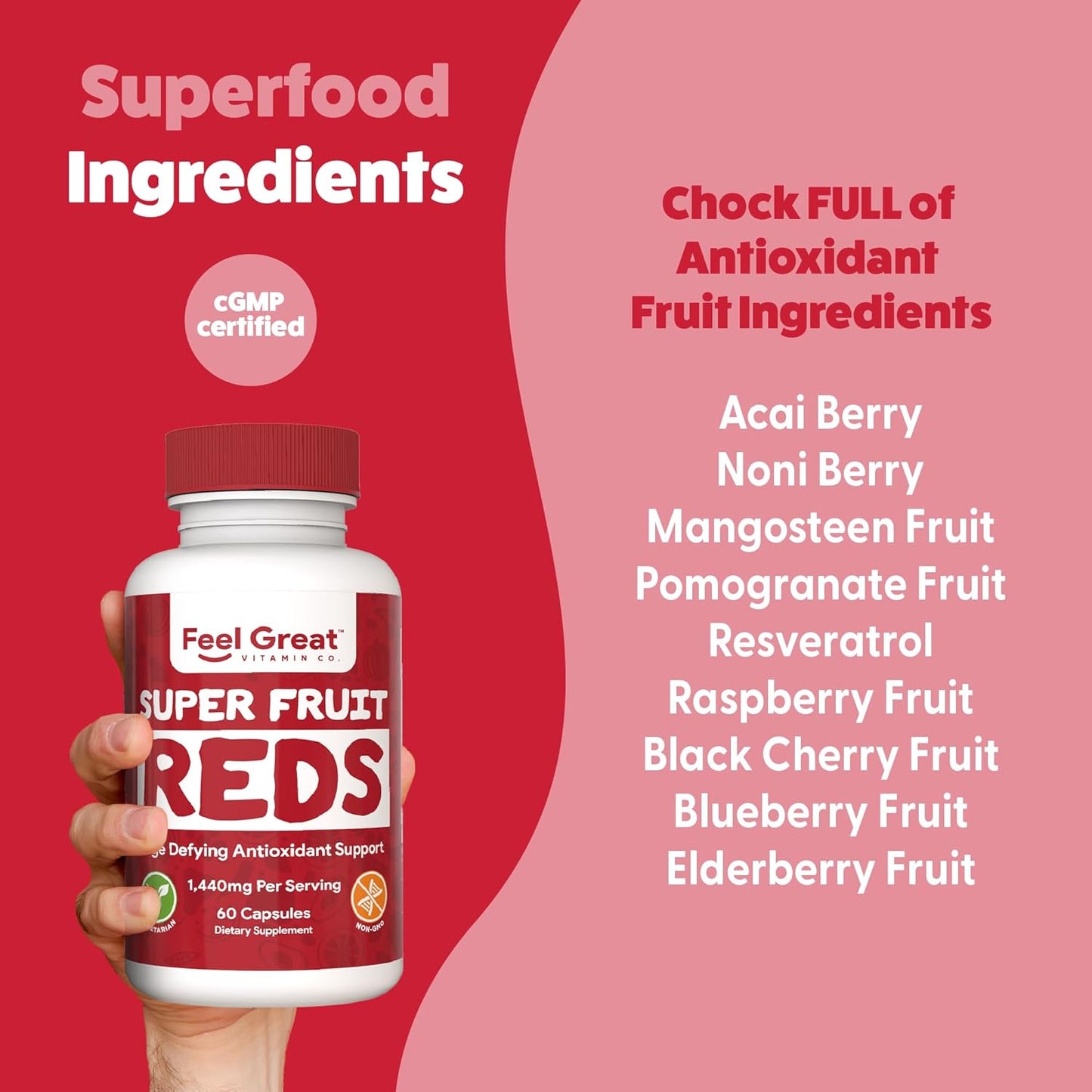 Superfruit Reds Antioxidant Superfood Capsules for Anti-Aging & Immune Support with Acai, Mangosteen, Pomegranate, Blueberry - 60ct