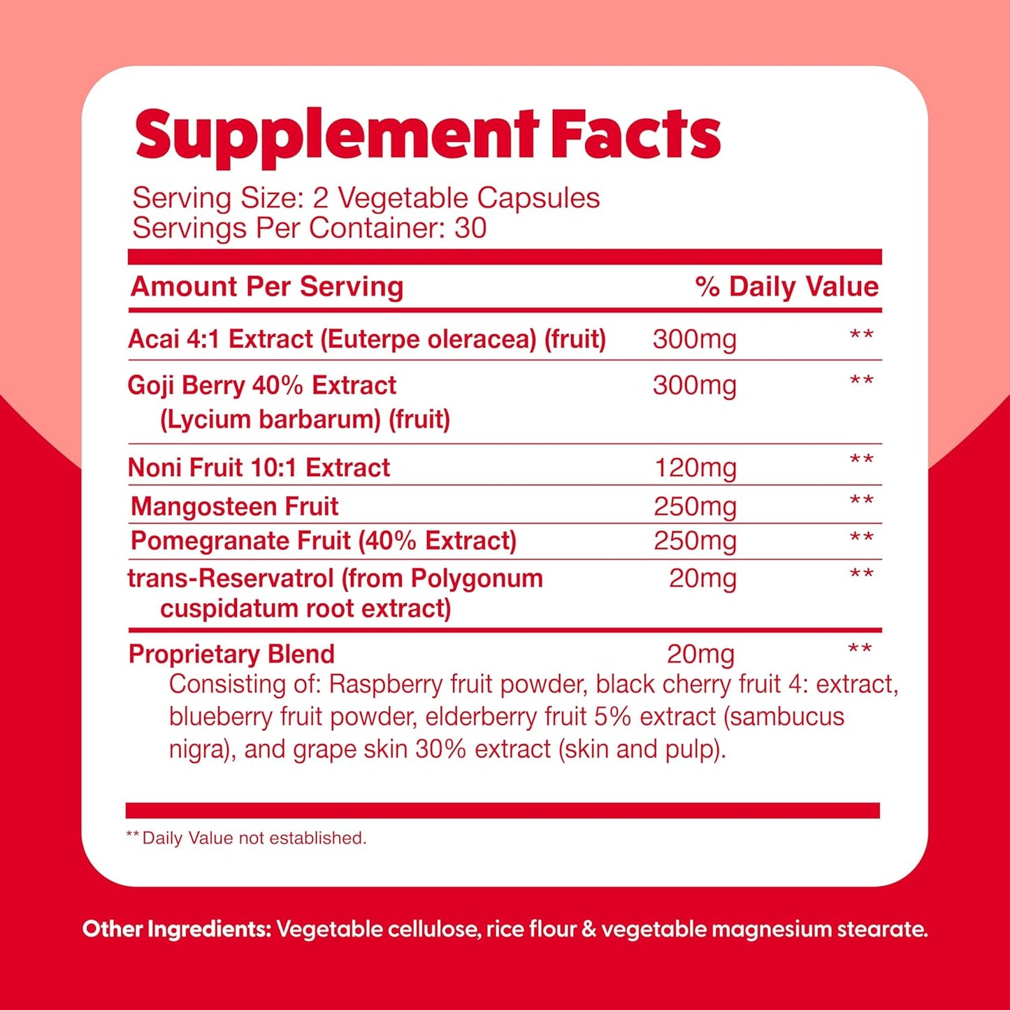 Superfruit Reds Antioxidant Superfood Capsules for Anti-Aging & Immune Support with Acai, Mangosteen, Pomegranate, Blueberry - 60ct