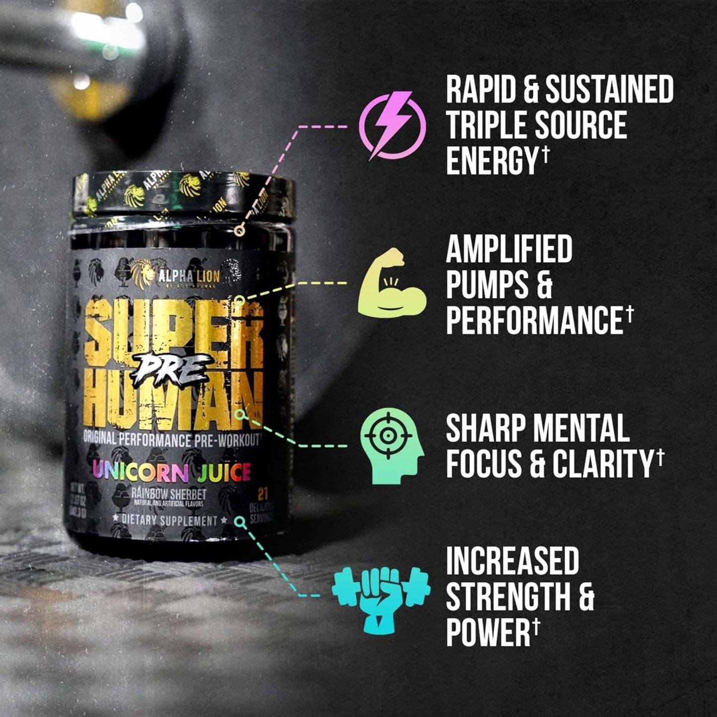 Superhuman Pre Workout Powder with Beta Alanine, L-Taurine, and Caffeine for Energy and Focus - Nitric Oxide and Citrulline for Pump - Unicorn Juice Flavor - 21 Servings