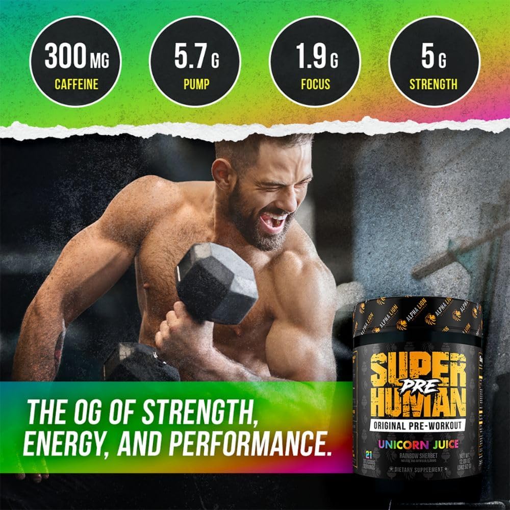 Superhuman Pre Workout Powder with Beta Alanine, L-Taurine, and Caffeine for Energy and Focus - Nitric Oxide and Citrulline for Pump - Unicorn Juice Flavor - 21 Servings