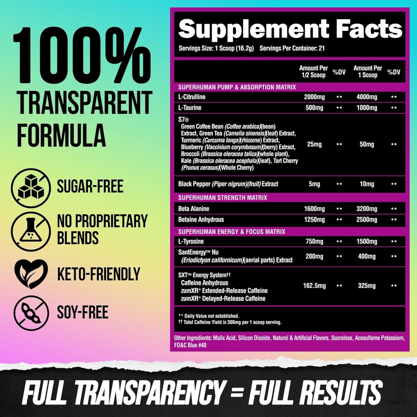 Superhuman Pre Workout Powder with Beta Alanine, L-Taurine, and Caffeine for Energy and Focus - Nitric Oxide and Citrulline for Pump - Unicorn Juice Flavor - 21 Servings