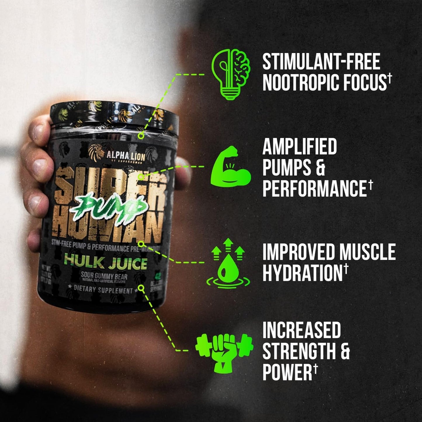 Superhuman Pump Pre Workout Powder - Nootropic, Stim-Free, Nitric Oxide Booster, Muscle Gainer, Energy & Focus - 42 Servings, Hulk Juice Flavor