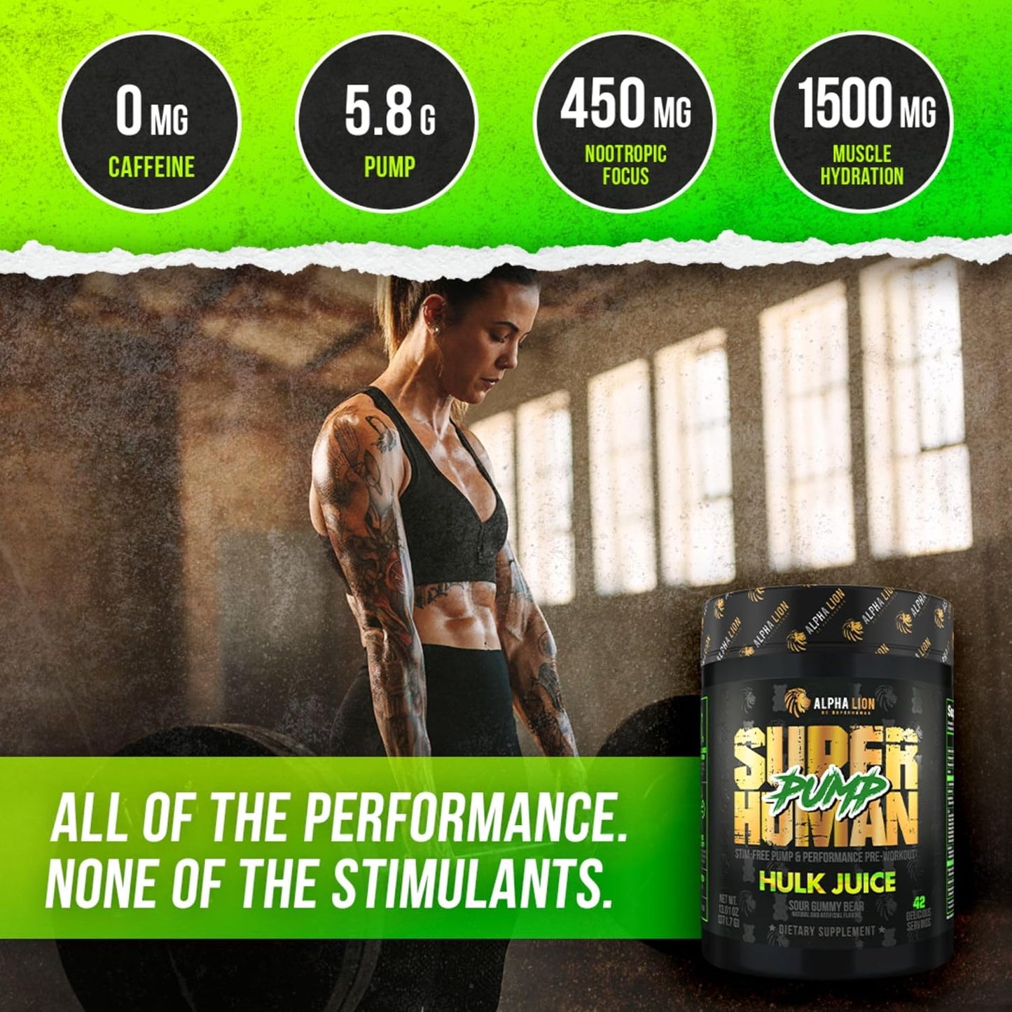 Superhuman Pump Pre Workout Powder - Nootropic, Stim-Free, Nitric Oxide Booster, Muscle Gainer, Energy & Focus - 42 Servings, Hulk Juice Flavor