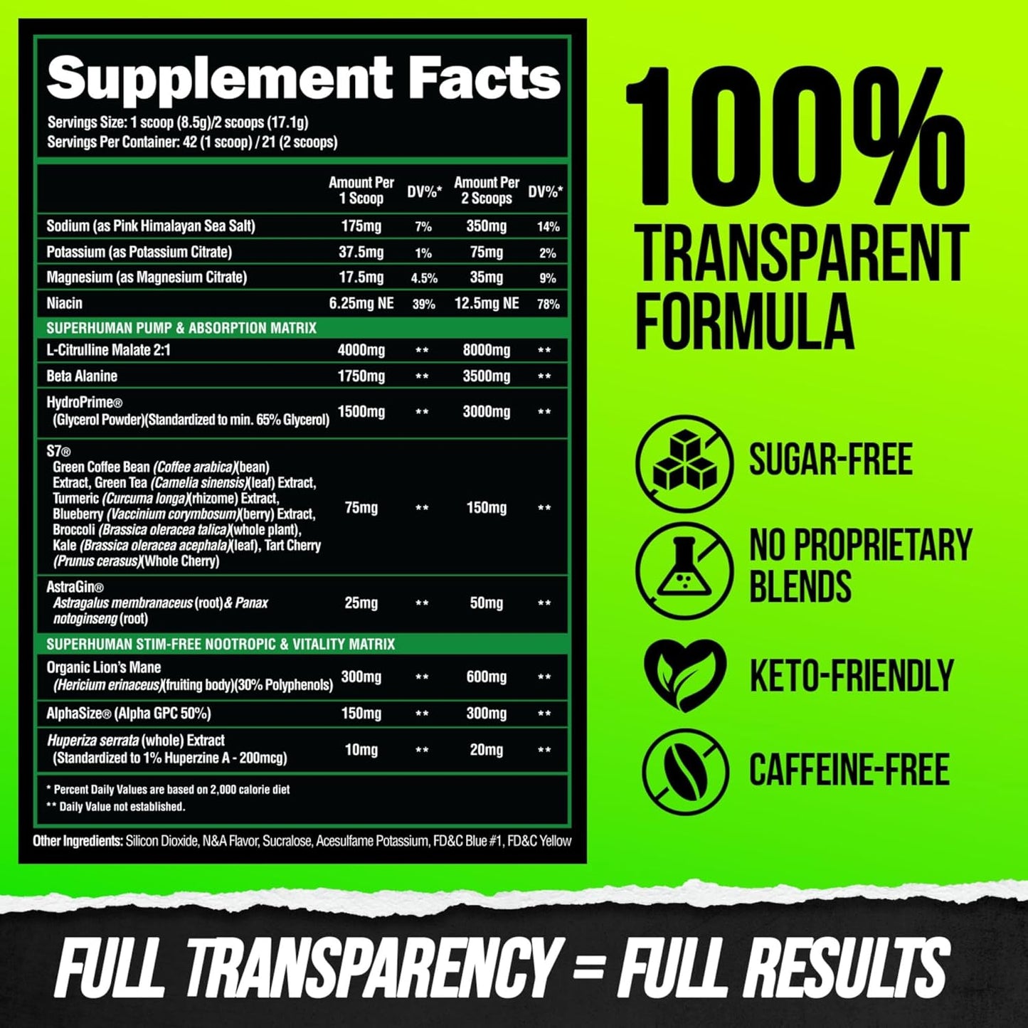 Superhuman Pump Pre Workout Powder - Nootropic, Stim-Free, Nitric Oxide Booster, Muscle Gainer, Energy & Focus - 42 Servings, Hulk Juice Flavor