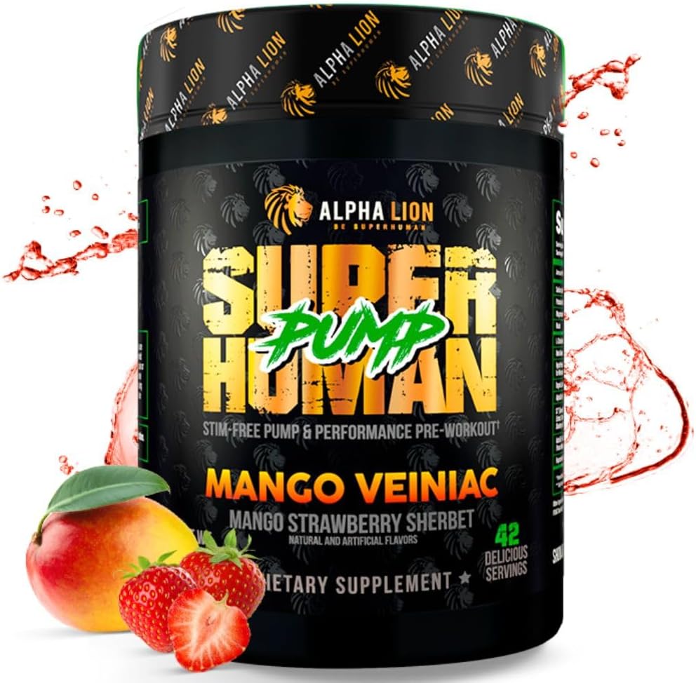 Superhuman Pump Pre Workout Powder with Nootropic Caffeine & Nitric Oxide Booster - Mango Veiniac Flavor - 42 Servings