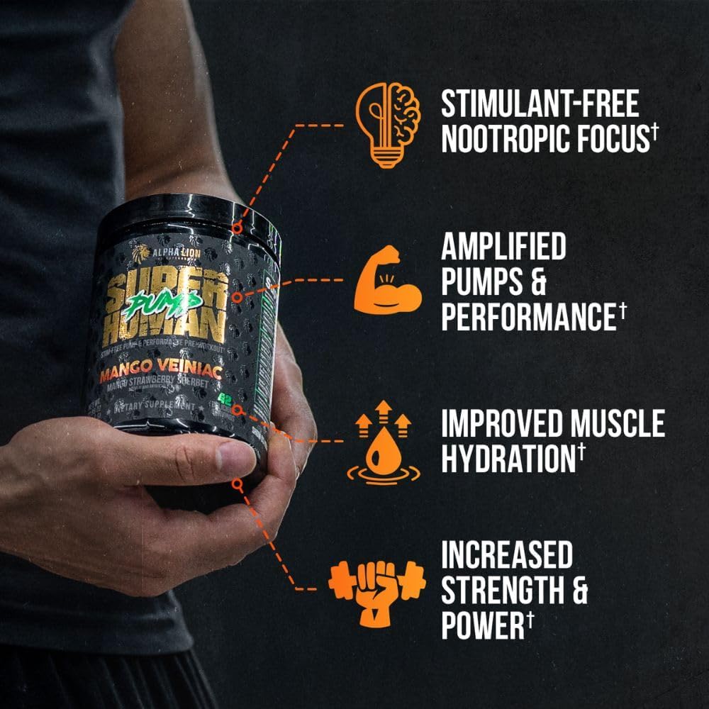 Superhuman Pump Pre Workout Powder with Nootropic Caffeine & Nitric Oxide Booster - Mango Veiniac Flavor - 42 Servings