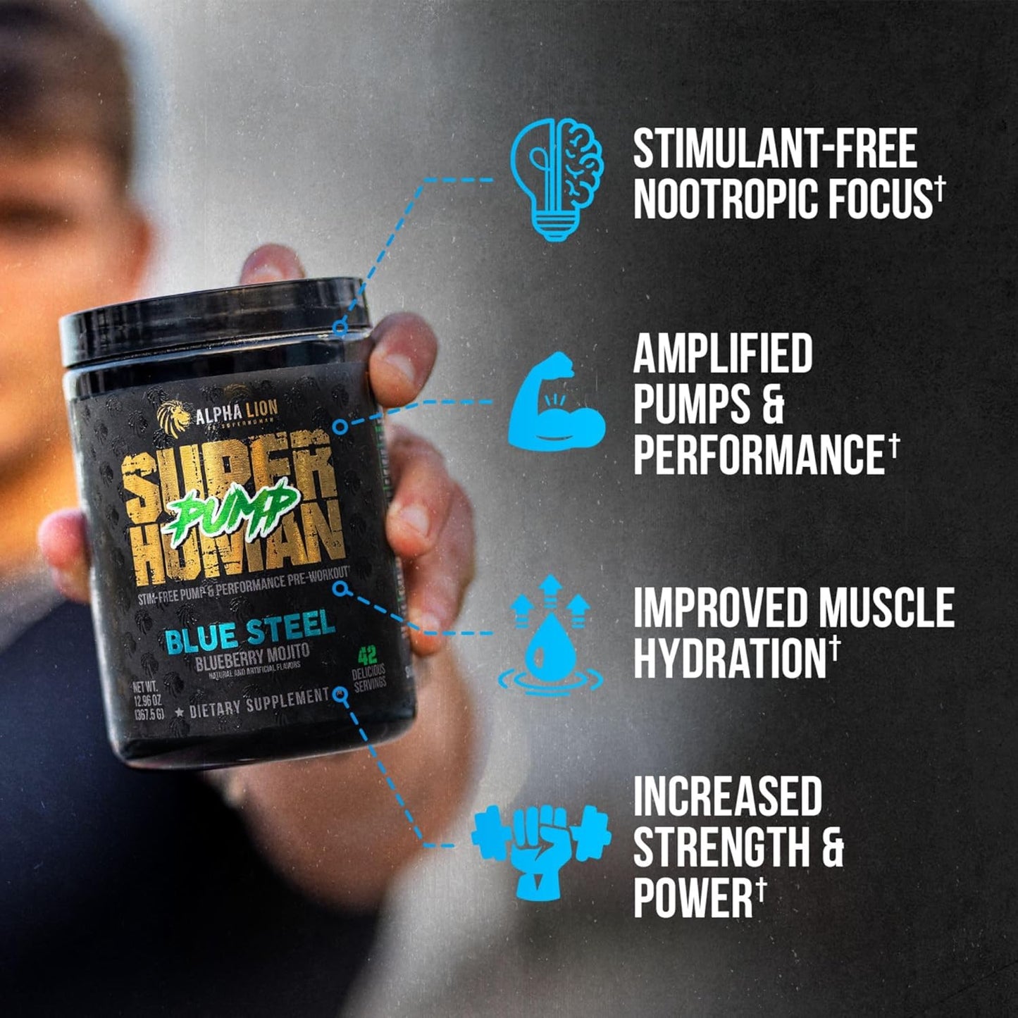 Superhuman Pump Pre Workout Powder with Nootropic Caffeine - Nitric Oxide Booster for Muscle Gain and Energy - Blueberry Steel Flavor (42 Servings)
