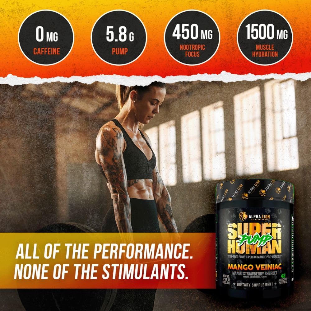 Superhuman Pump Pre Workout Powder with Nootropic Caffeine & Nitric Oxide Booster - Mango Veiniac Flavor - 42 Servings