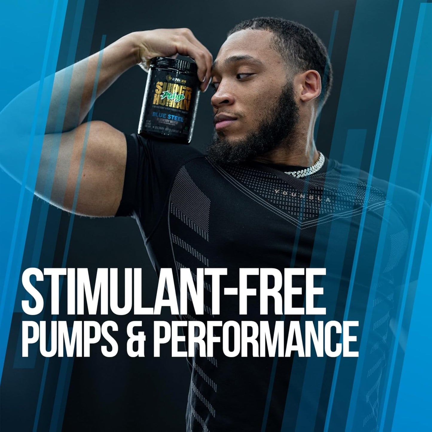 Superhuman Pump Pre Workout Powder with Nootropic Caffeine - Nitric Oxide Booster for Muscle Gain and Energy - Blueberry Steel Flavor (42 Servings)