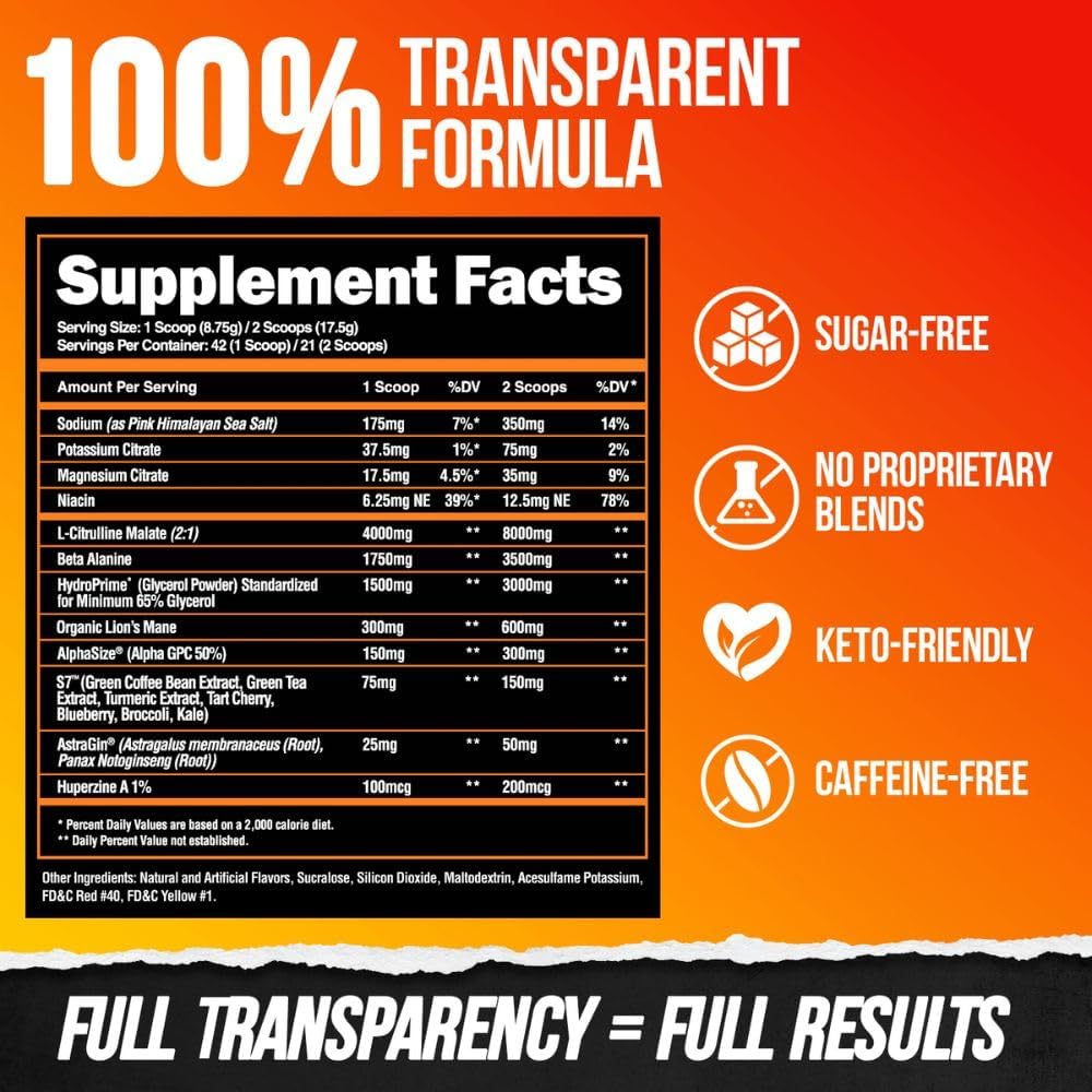 Superhuman Pump Pre Workout Powder with Nootropic Caffeine & Nitric Oxide Booster - Mango Veiniac Flavor - 42 Servings
