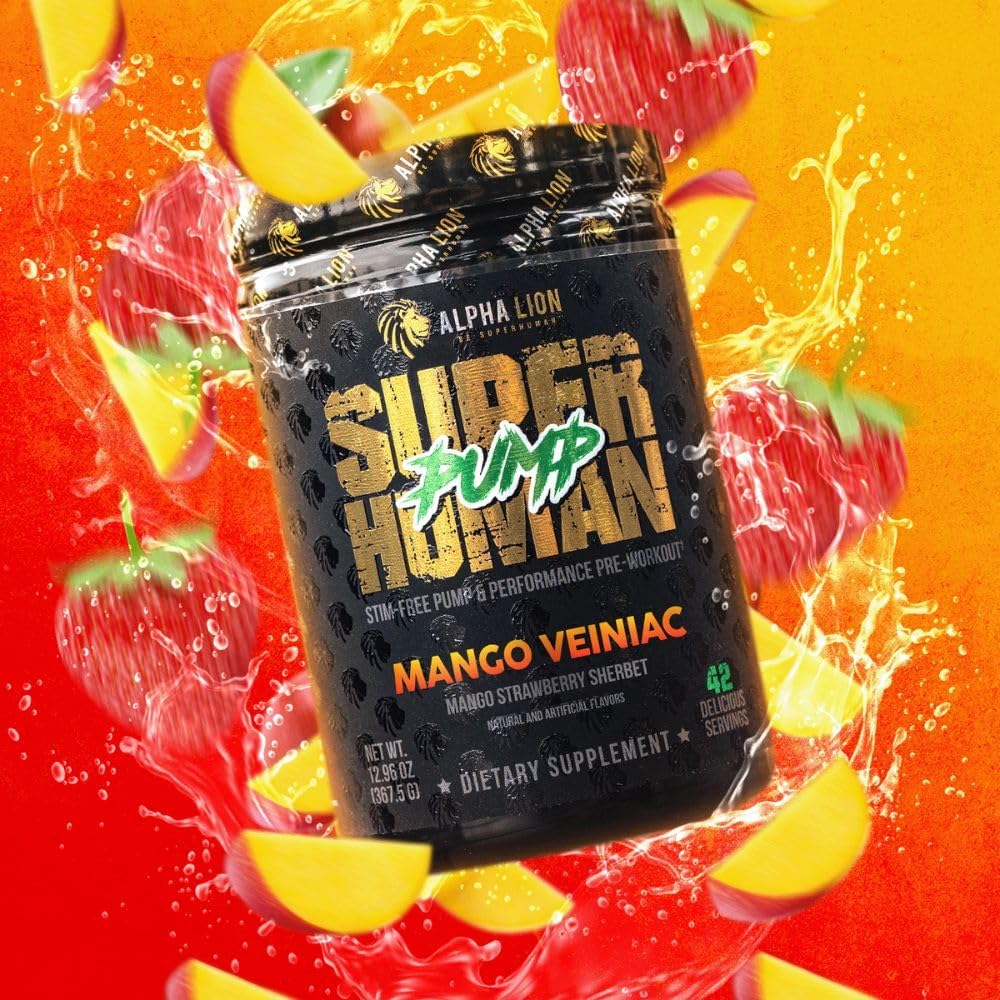 Superhuman Pump Pre Workout Powder with Nootropic Caffeine & Nitric Oxide Booster - Mango Veiniac Flavor - 42 Servings