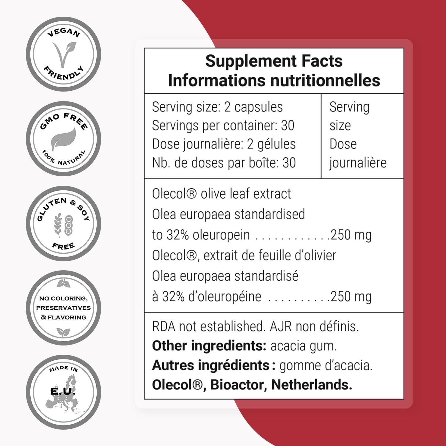 Superior Immune Support: Olive Leaf Extract 250mg/day, 32% Oleuropein - Non-GMO & Gluten Free - 60 Veg Capsules