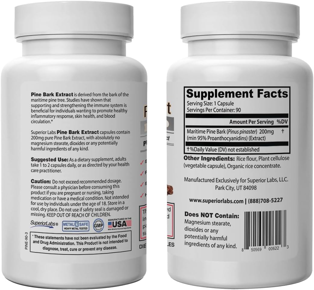 Superior Labs 200mg Pine Bark Extract Capsules - 95% OPC Antioxidant for Circulatory Health - 90 Count - Promotes Healthy Blood Flow & Skin