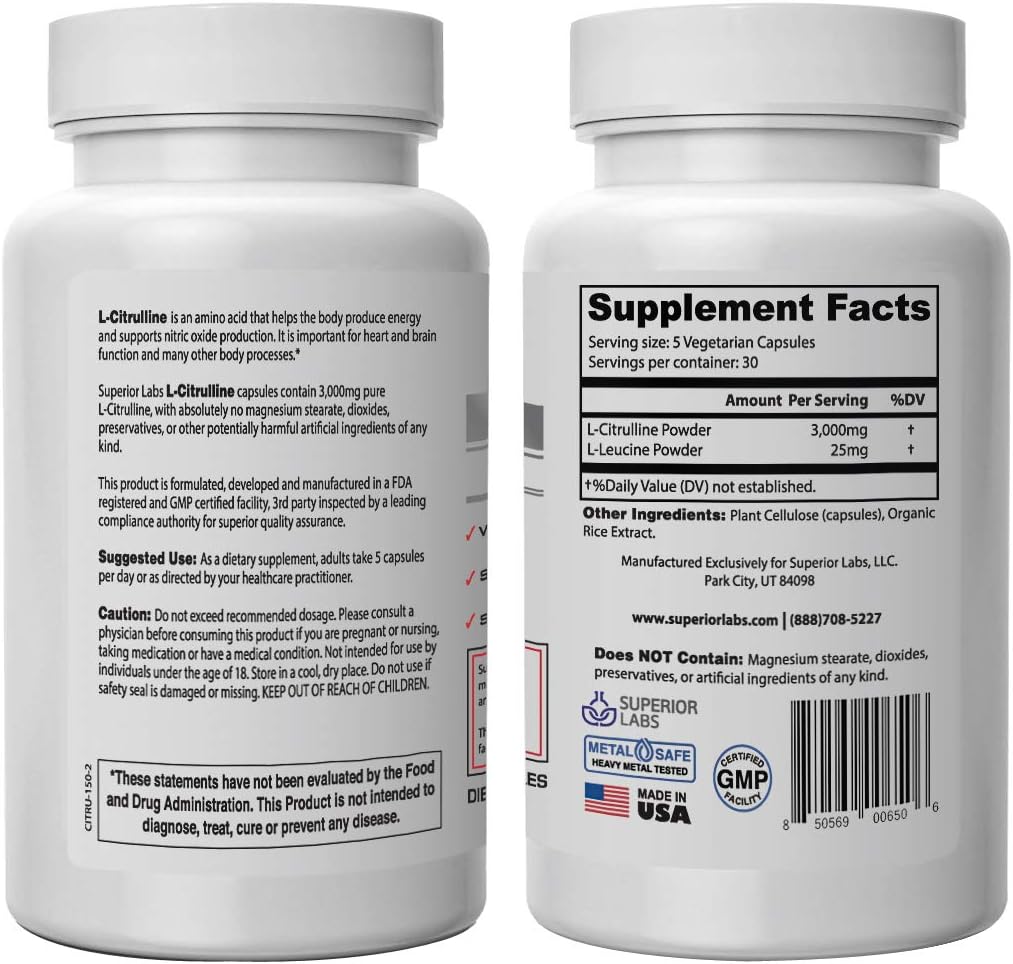 Superior Labs L-Citrulline Capsules - 3,000mg Dosage - 150 Veg Caps - Supports Vasodilation, Energy, Cardio Health