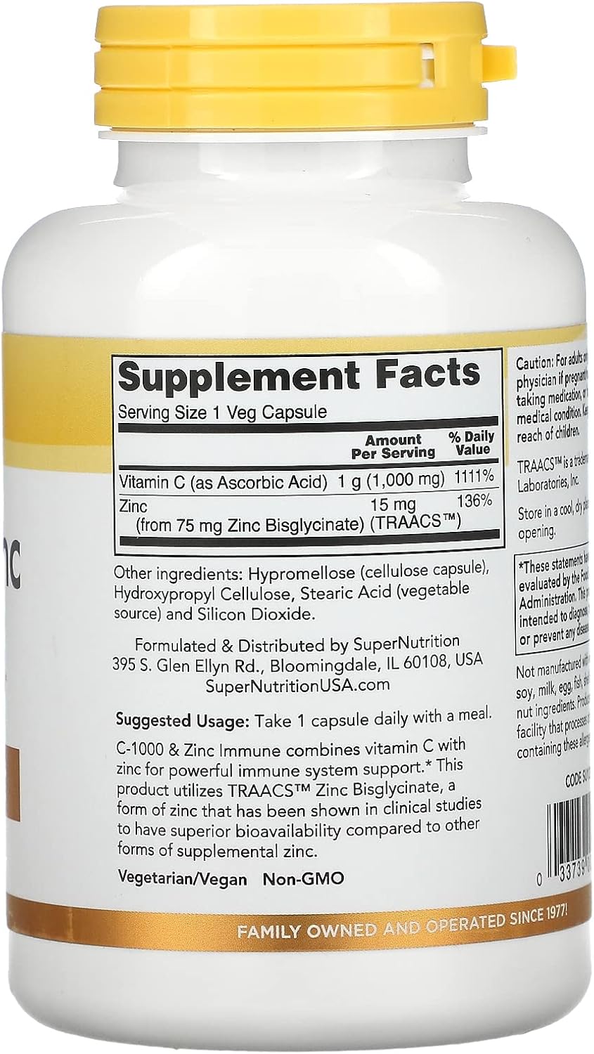 SuperNutrition C-1000 and Zinc Immune Support Formula - Antioxidant Protection - 120 Day Supply