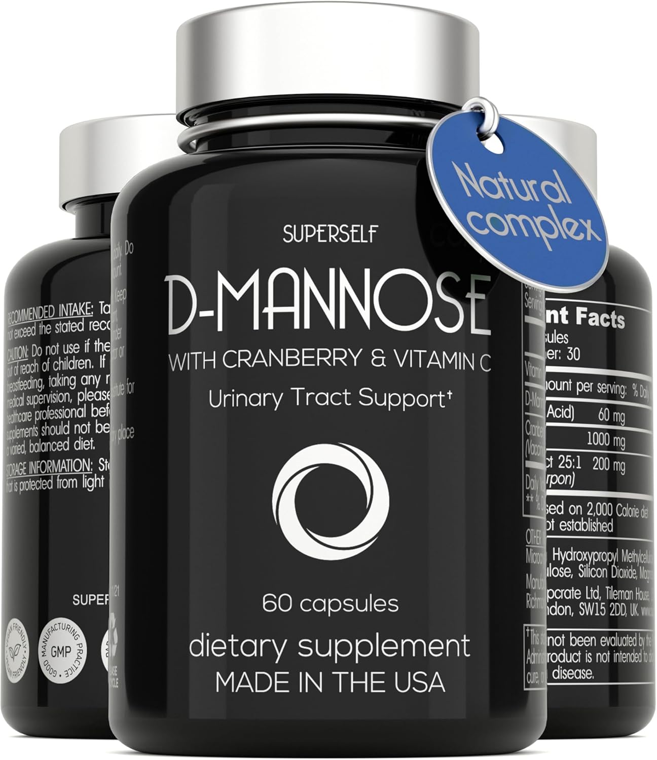 SuperSelf D-Mannose Capsules - 1000mg with Cranberry Extract & Vitamin C - 60 Capsules - UTI Support for Men & Women - Vegan & Non-GMO - Fast-Acting Urinary Tract Health