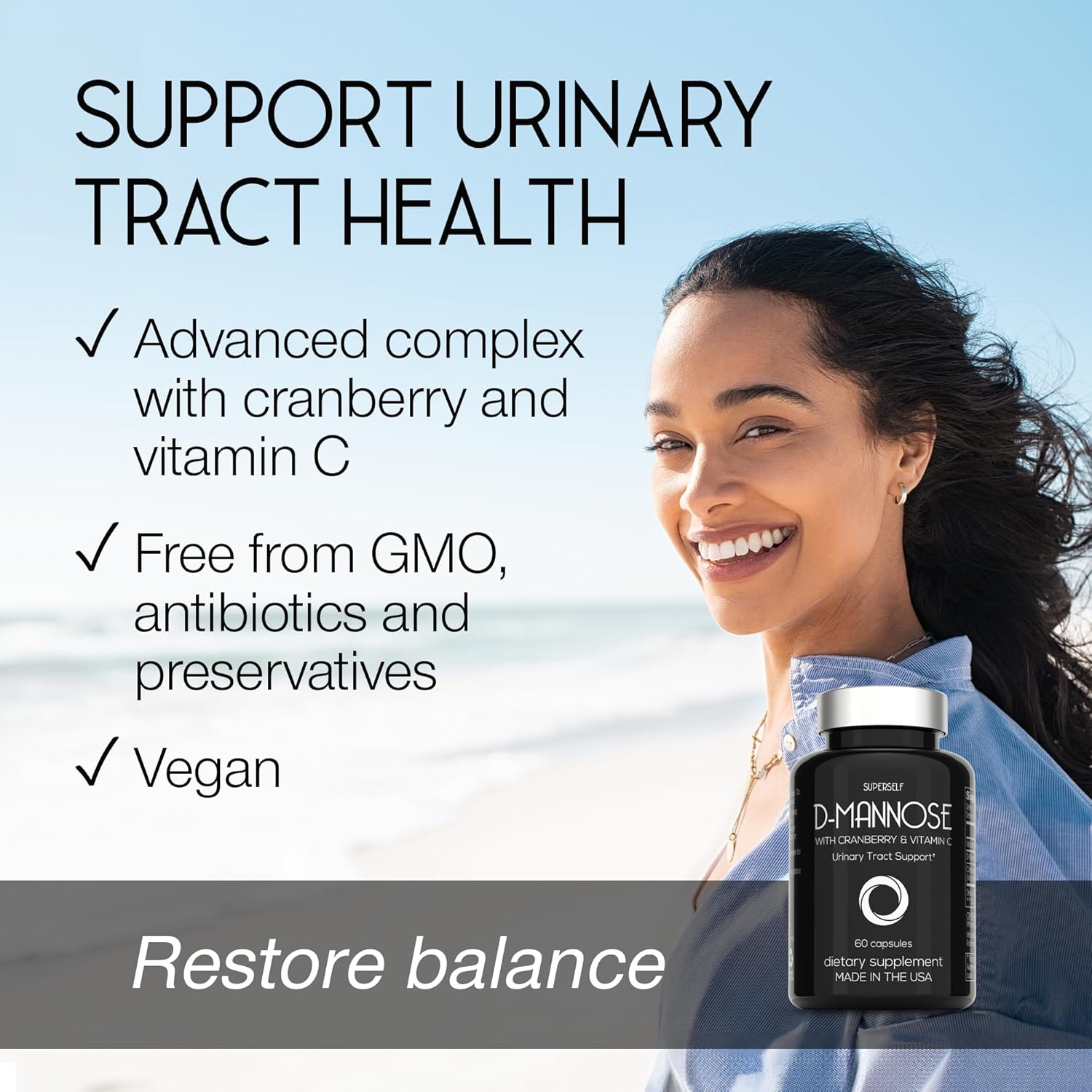 SuperSelf D-Mannose Capsules - 1000mg with Cranberry Extract & Vitamin C - 60 Capsules - UTI Support for Men & Women - Vegan & Non-GMO - Fast-Acting Urinary Tract Health