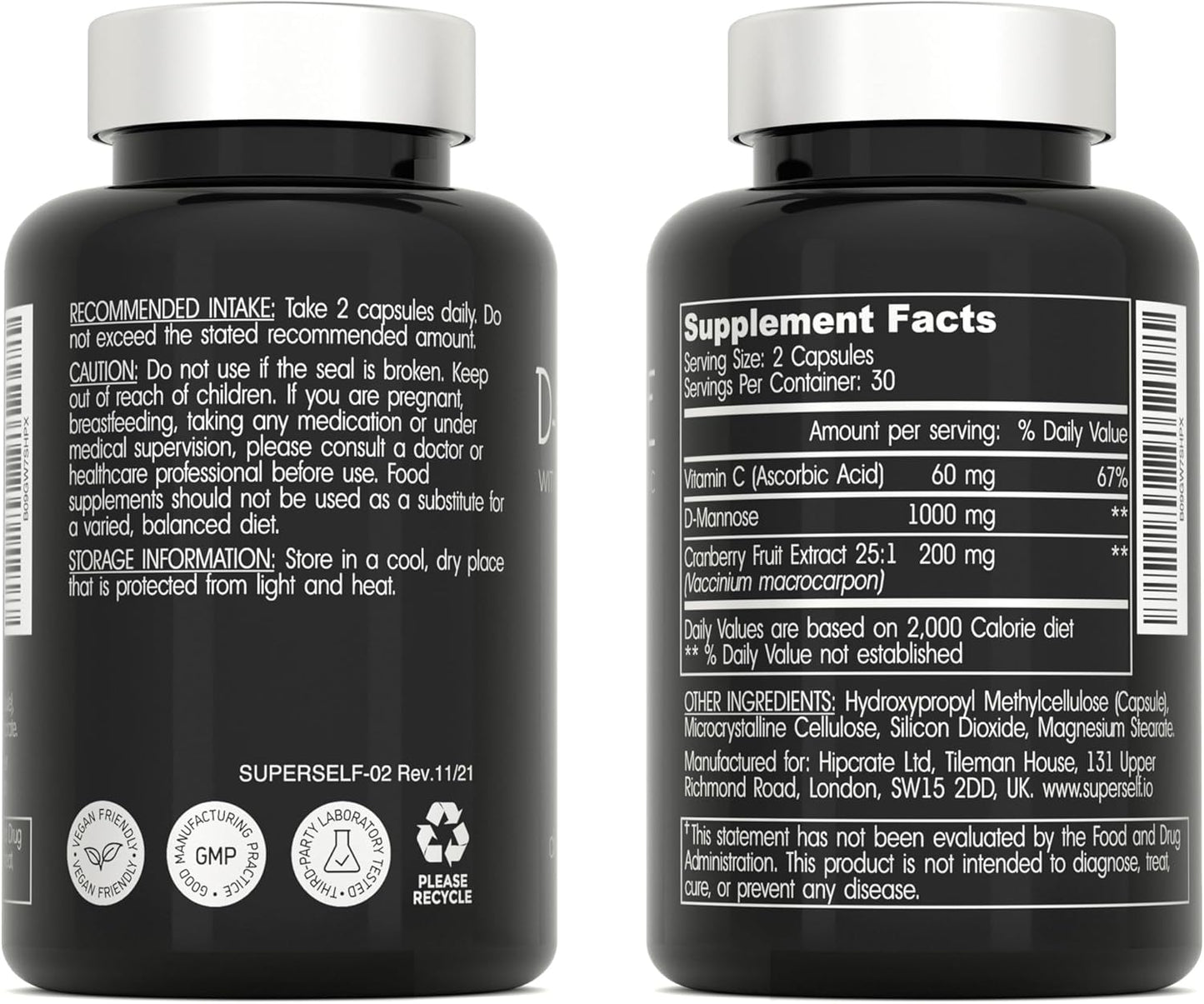 SuperSelf D-Mannose Capsules - 1000mg with Cranberry Extract & Vitamin C - 60 Capsules - UTI Support for Men & Women - Vegan & Non-GMO - Fast-Acting Urinary Tract Health