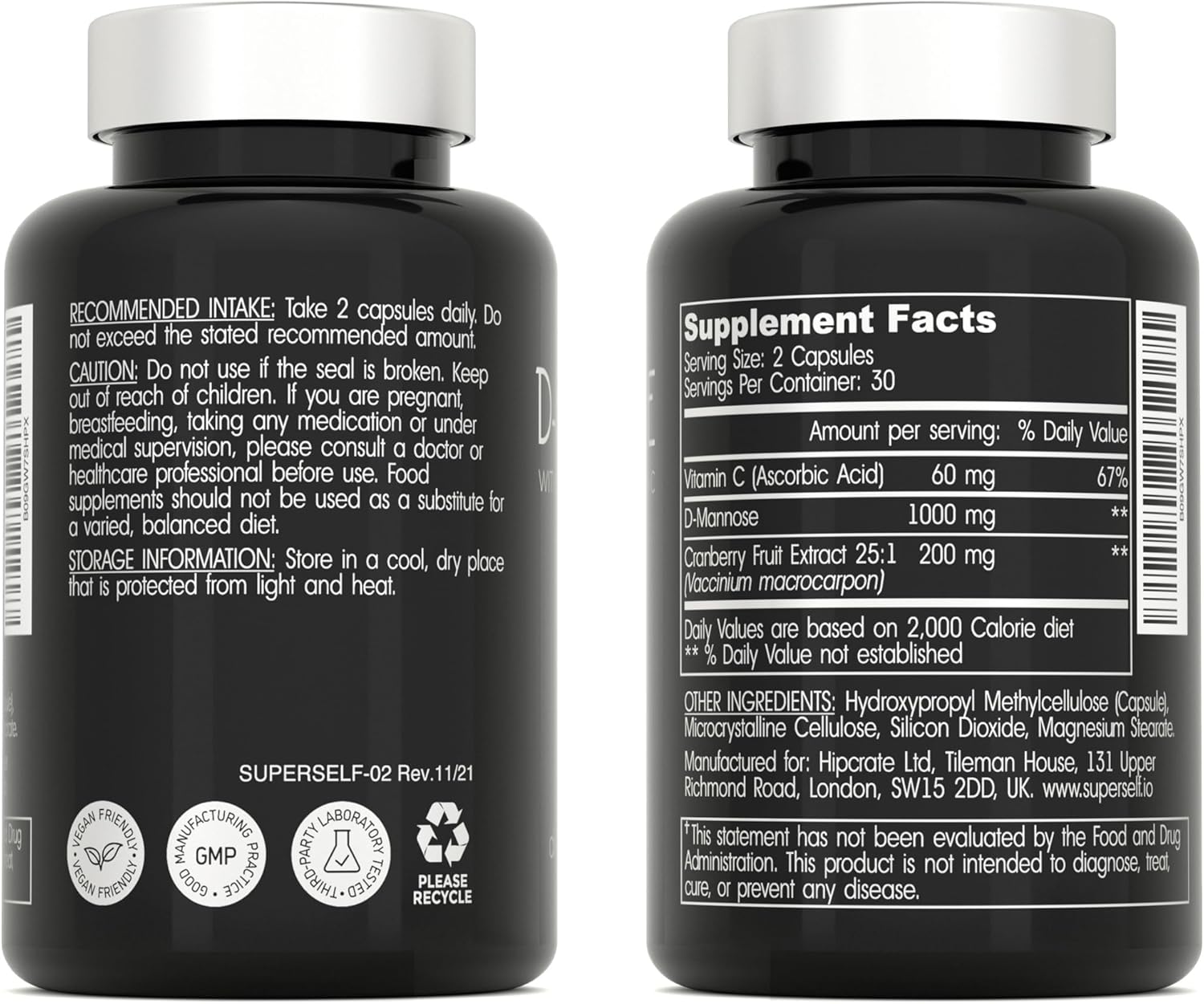 SuperSelf D-Mannose Capsules - 1000mg with Cranberry Extract & Vitamin C - 60 Capsules - UTI Support for Men & Women - Vegan & Non-GMO - Fast-Acting Urinary Tract Health