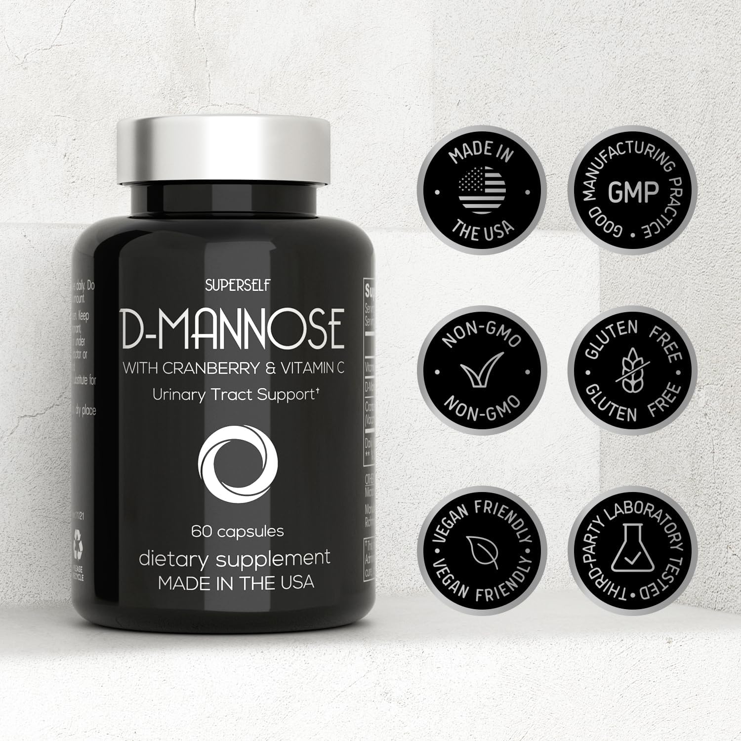 SuperSelf D-Mannose Capsules - 1000mg with Cranberry Extract & Vitamin C - 60 Capsules - UTI Support for Men & Women - Vegan & Non-GMO - Fast-Acting Urinary Tract Health