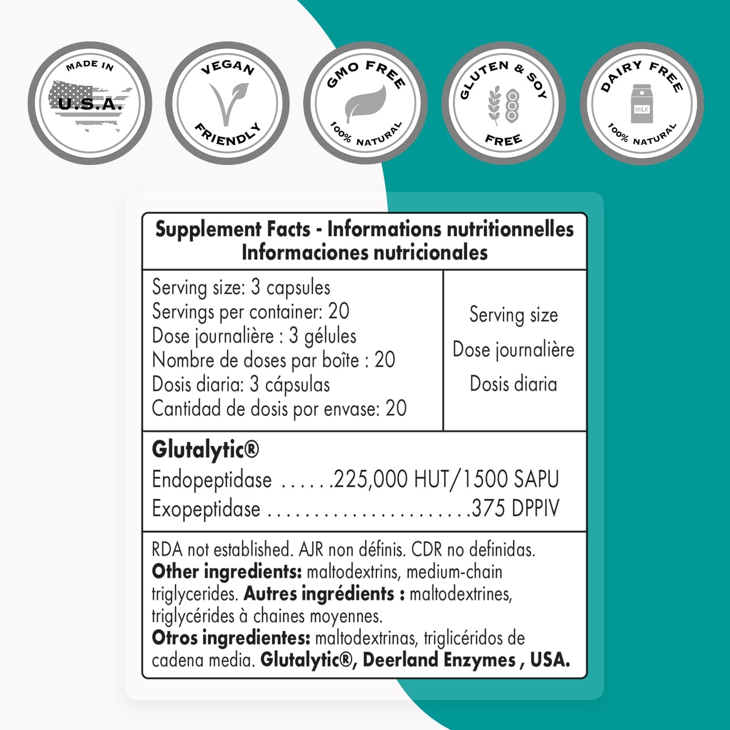 Supersmart Glutalytic Enzymes Supplement for Gluten Intolerance - Advanced Formula with Endopeptidases & Exopeptidases - Non-GMO & Gluten Free - 90 Capsules